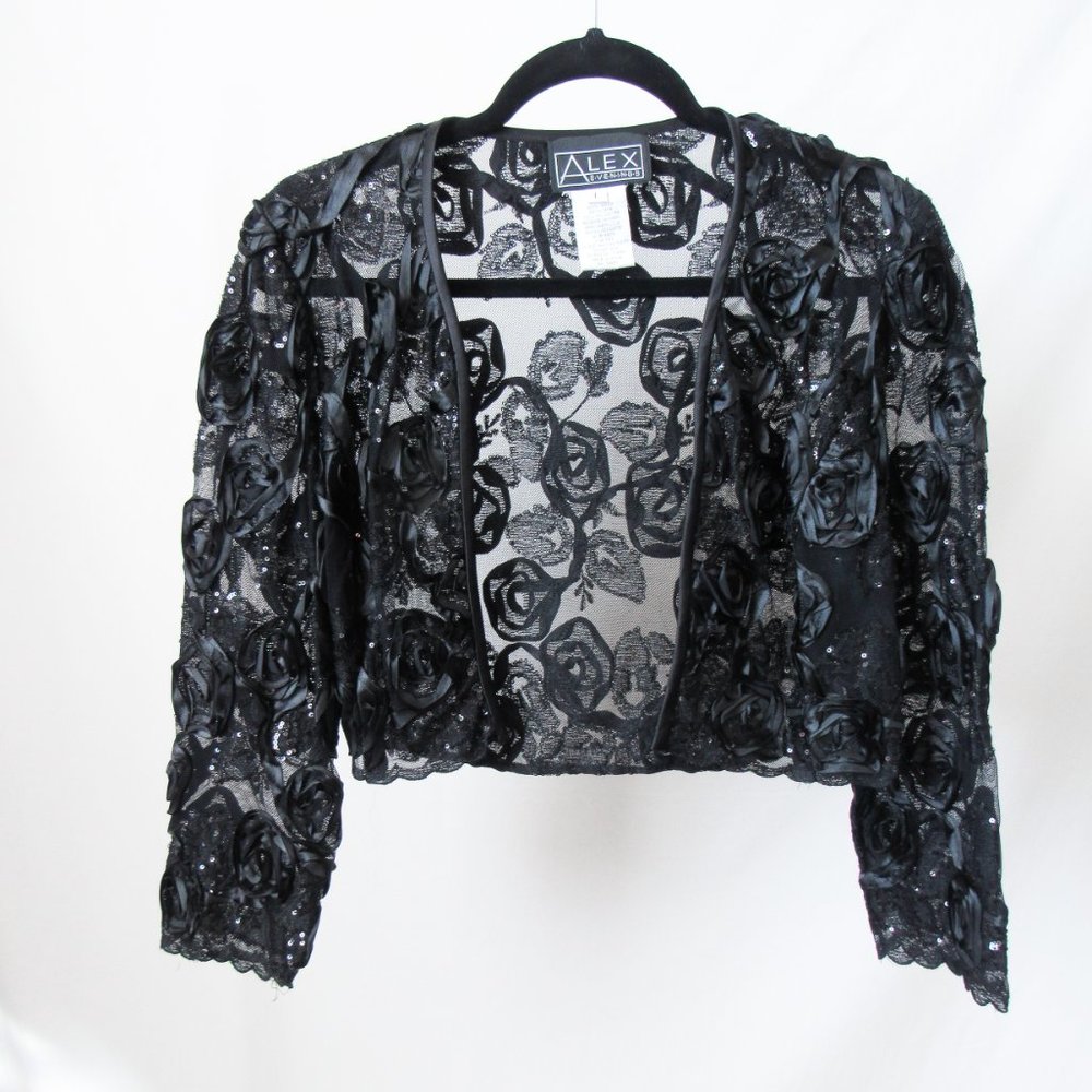 VINTAGE 90s Rosette Sequin Cropped Jacket in Classic Black Sheer Mesh Size-L